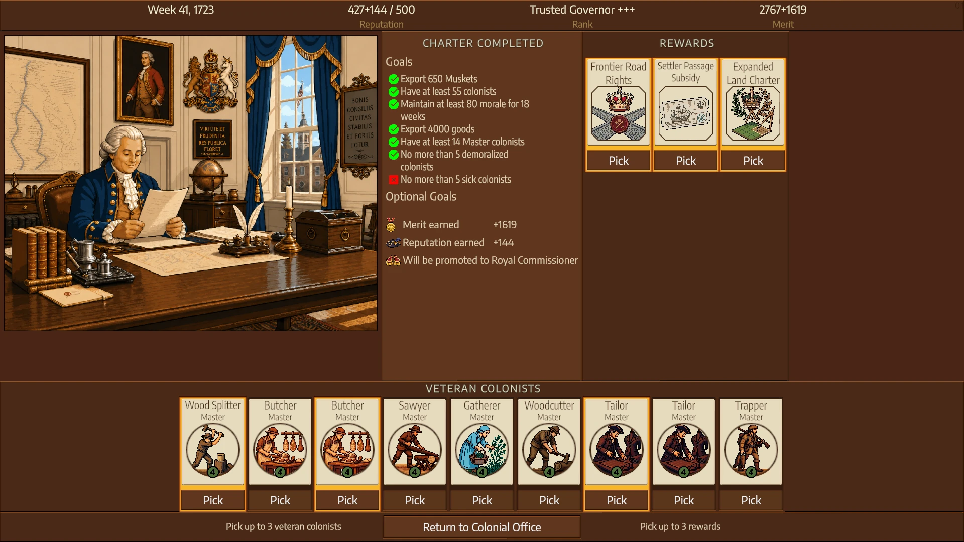 Completed charter results showing goals, rewards, and veteran colonists