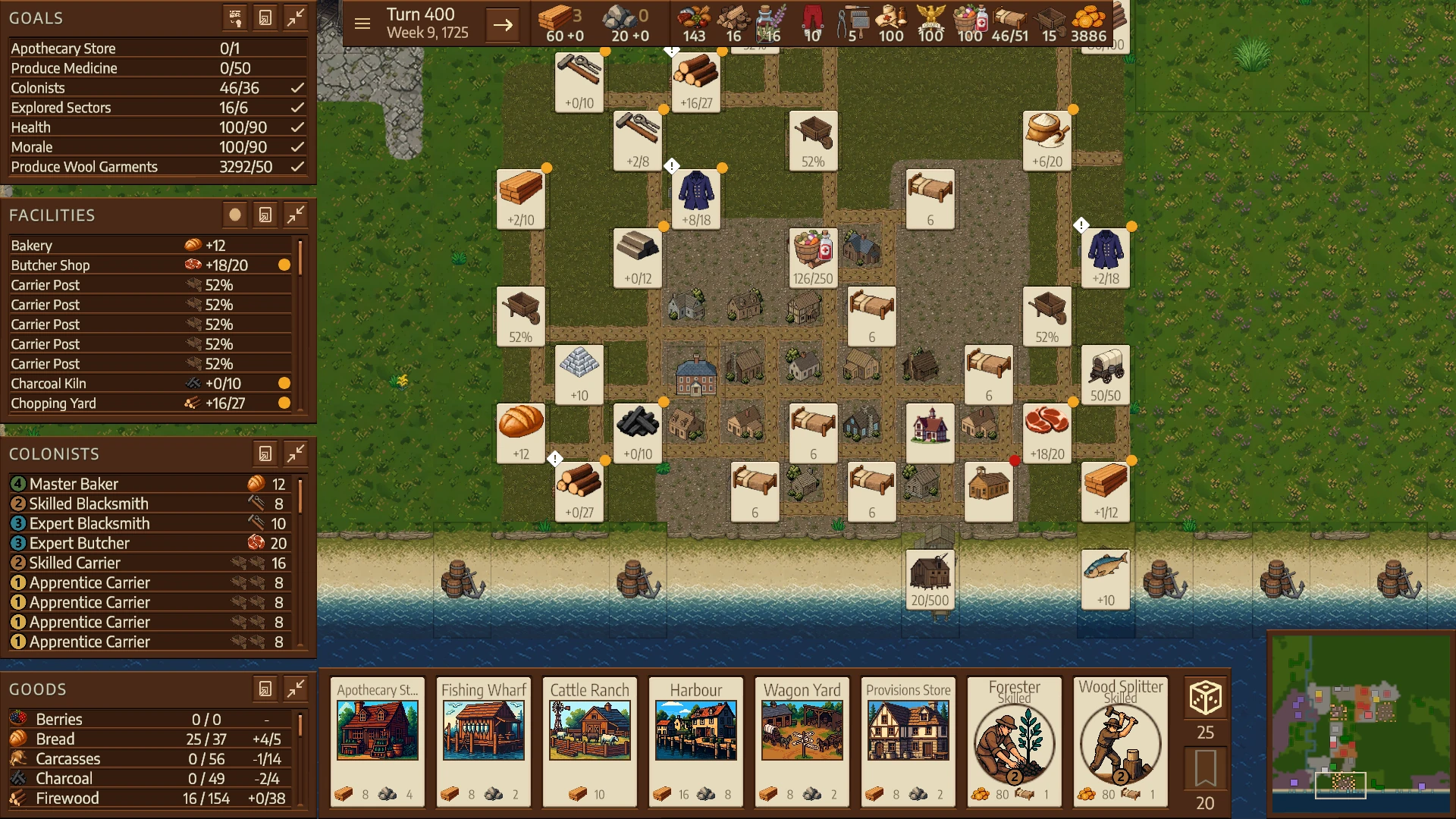 A developed coastal colony with facility cards connected across the board-like map