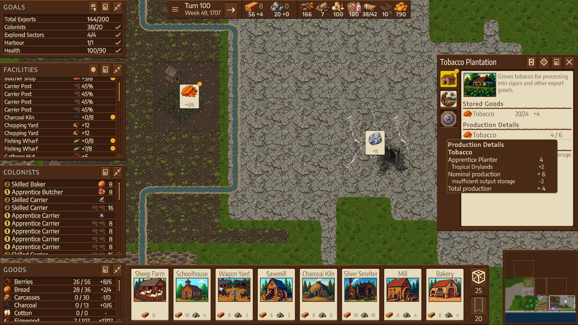 A tobacco-producing colony showing terrain, production details, and opportunity cards